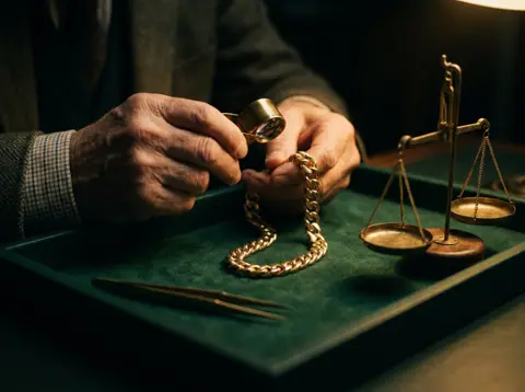 An appraiser inspecting the hallmark on a gold chain with a jeweler's loupe over a green felt tray