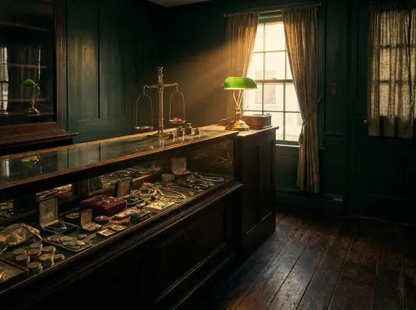 Inside a small antiques and coin shop: wooden display cases of jewelry and coins, a brass scale on the counter and dark green walls