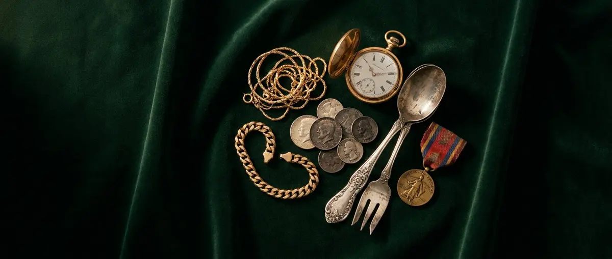Gold chains, silver coins, sterling flatware, a gold pocket watch and a military medal arranged on dark green velvet